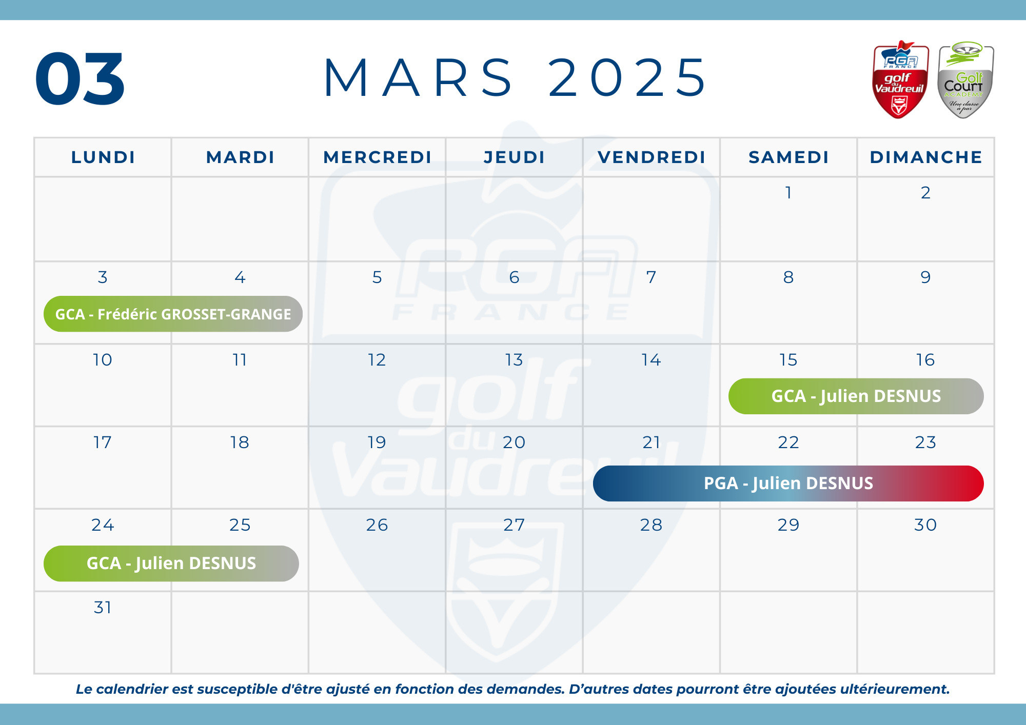 Calendrier des Stages Golf PGA France du Vaudreuil GCA PGA MARS 2025